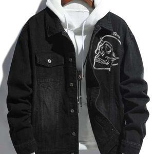 M💀 Embroidery Denim Jacket Biker Rock Skull ➡️Hoodie is not included